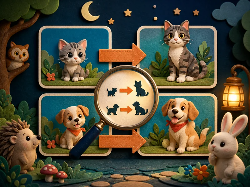 Picture cards matching a kitten with a cat and a puppy with a dog