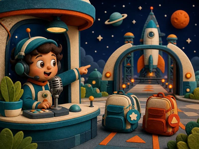 An announcer pointing to two explorers' backpacks beside a launch gate