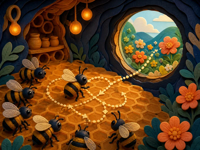 Bees following a worker bee's waggle dance toward flowers
