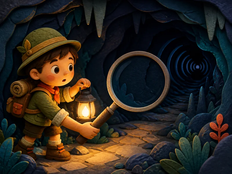 An explorer using a small lantern to see inside a dim cave