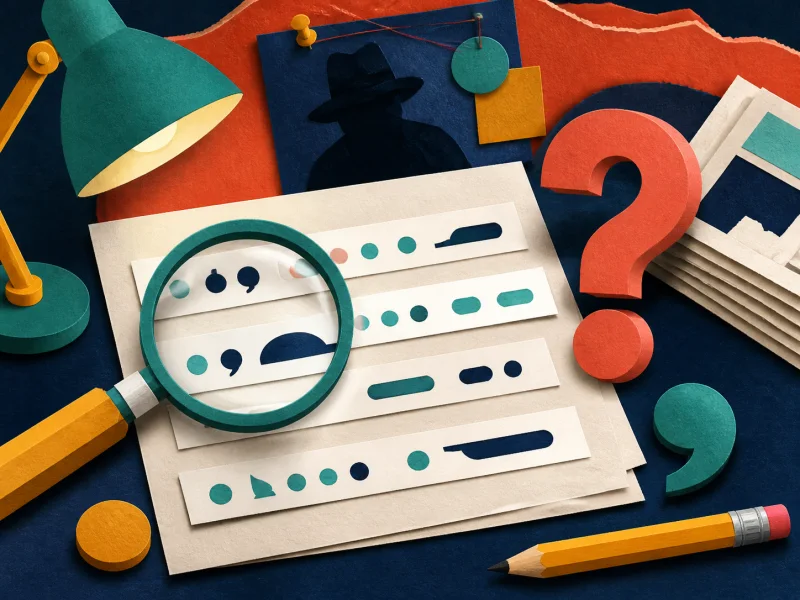 A magnifying glass inspecting punctuation clues on a detective desk