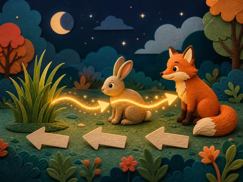 Energy moving from grass to a rabbit and then to a fox