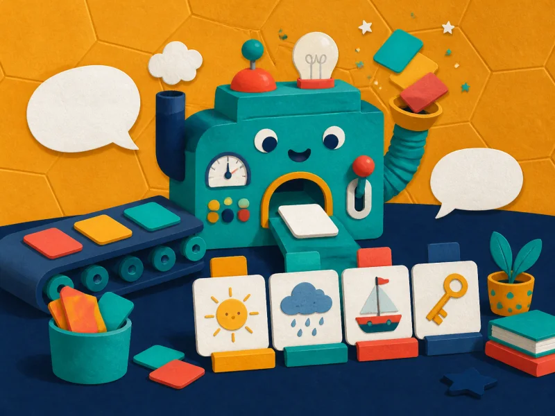 A playful word-sorting machine matching tiles with picture cards