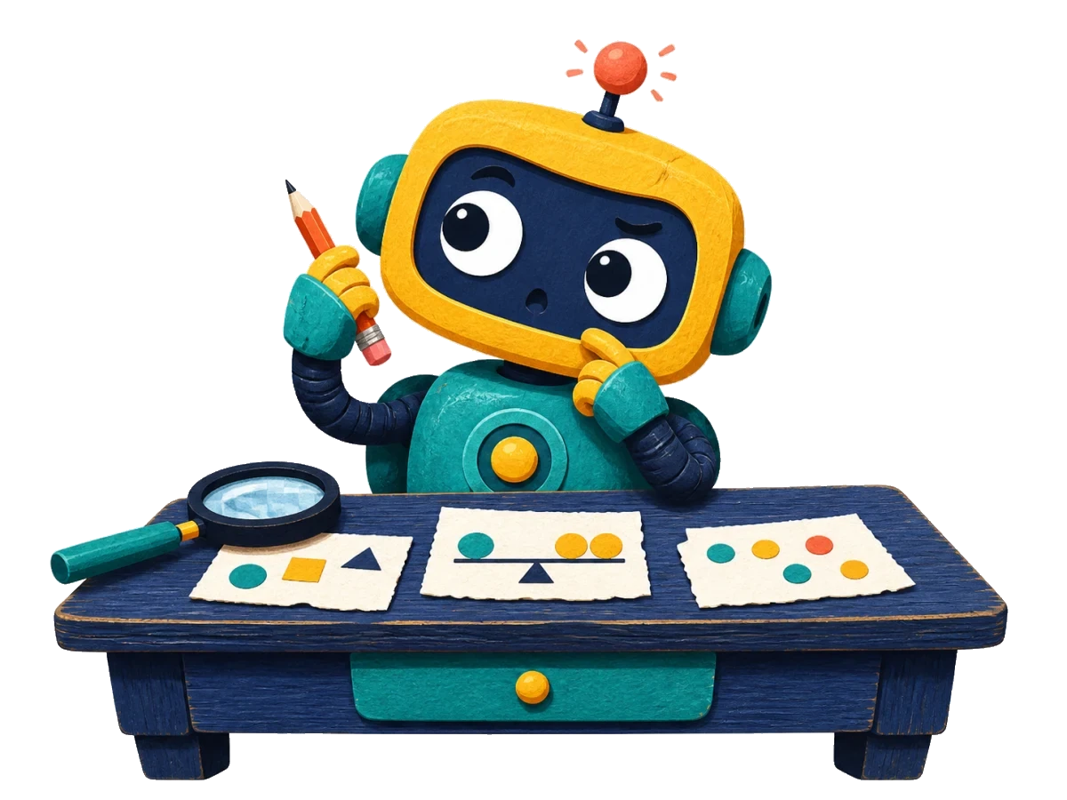 Lumi the robot detective inspecting clues at a desk