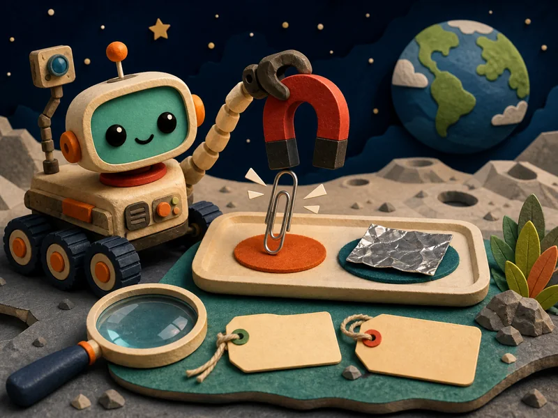 A rover testing a steel paperclip and aluminium foil with a magnet