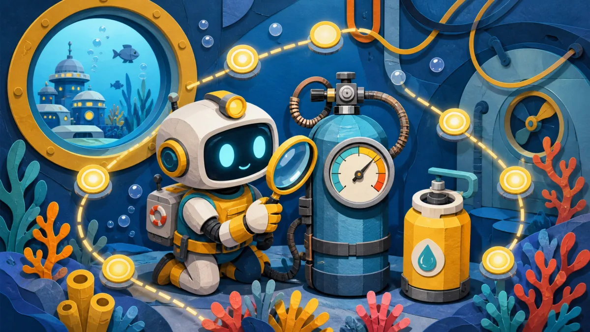 Lumi inspecting an oxygen tank in an underwater station