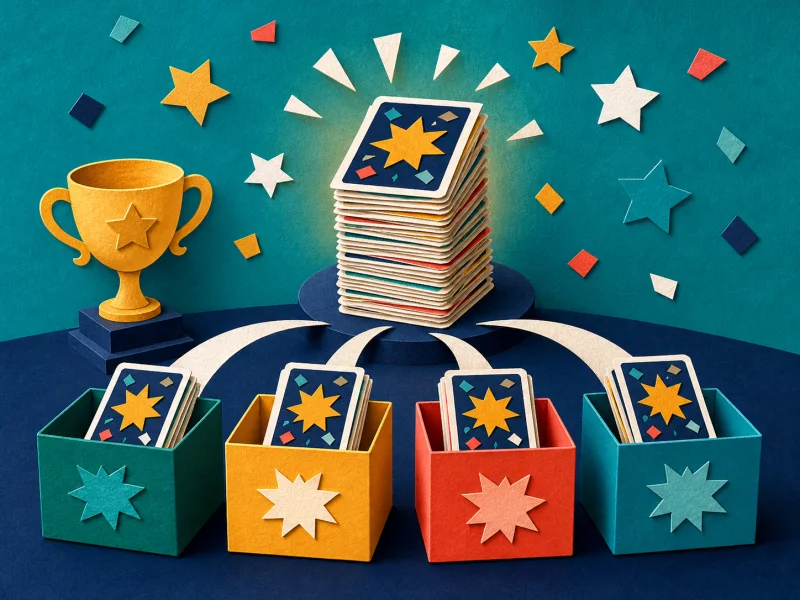 Collectible cards being shared into four colorful prize boxes