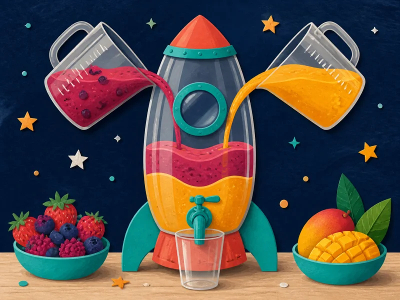 Colorful measuring jugs pouring juice into a rocket dispenser
