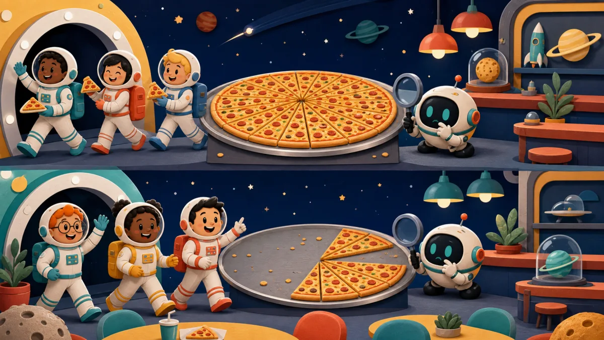 Two astronaut crews eating from the same pizza tray in sequence