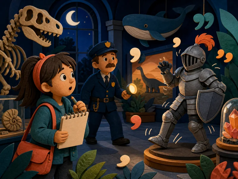A young reporter investigating a noisy suit of armour after dark