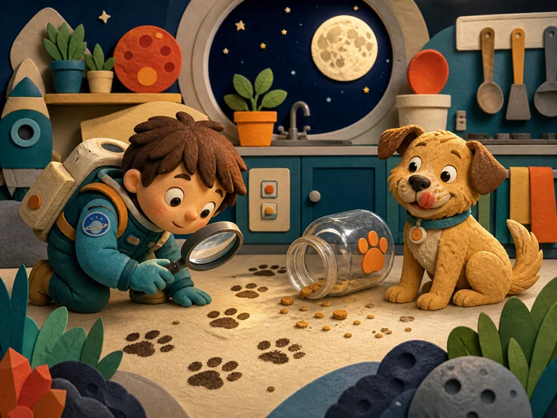 A child following muddy pawprints from an empty treat jar to a dog