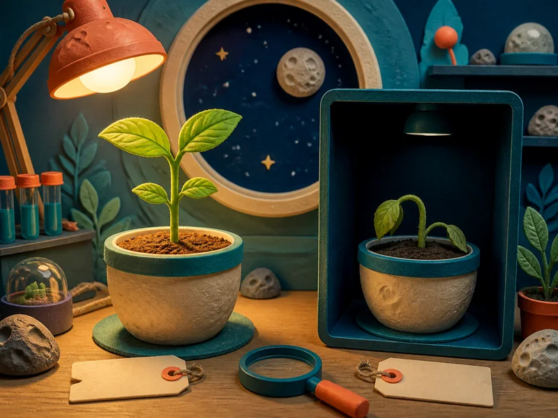 Matching moon-garden seedlings growing with and without light