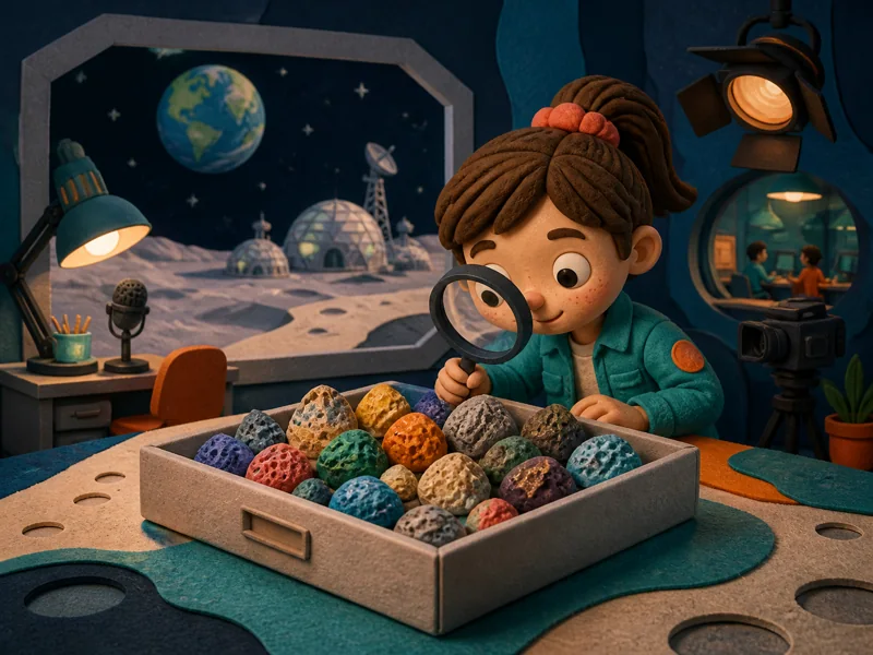 A reporter examining one box filled with many moon rocks