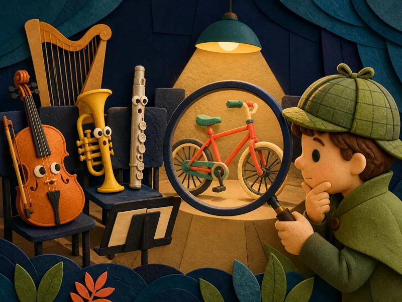 A bicycle sitting among a violin, trumpet, and flute