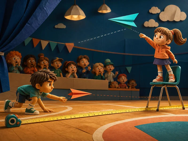 Two children launching different paper planes from different heights
