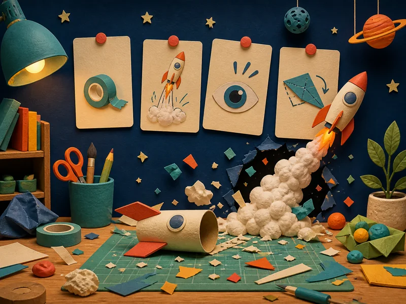 A paper rocket launching before its craft instructions are completed