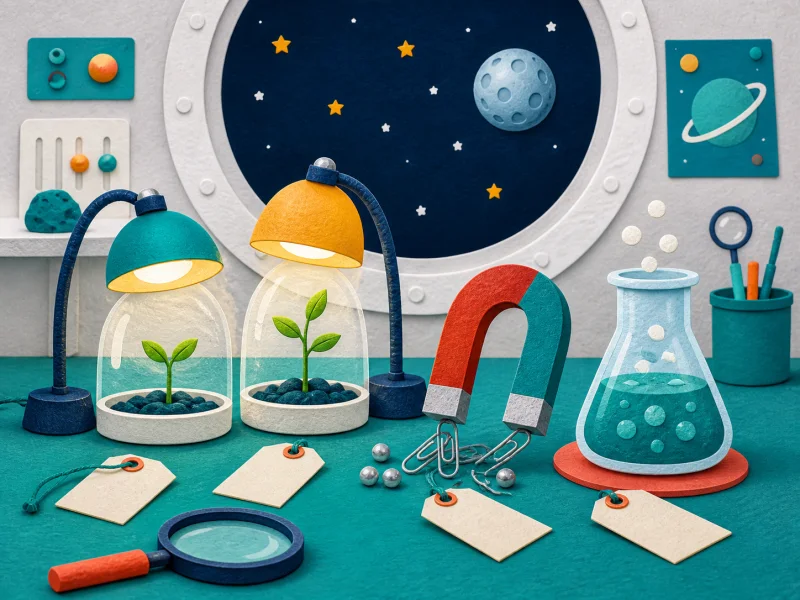 Plants, a magnet, and a beaker arranged as evidence in a moon laboratory