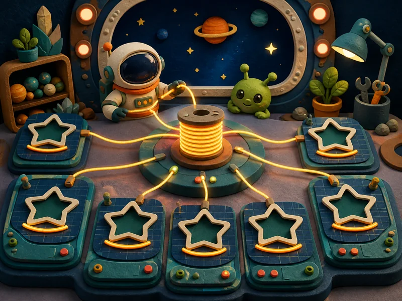 Glowing wire being shared among seven star-shaped badge displays