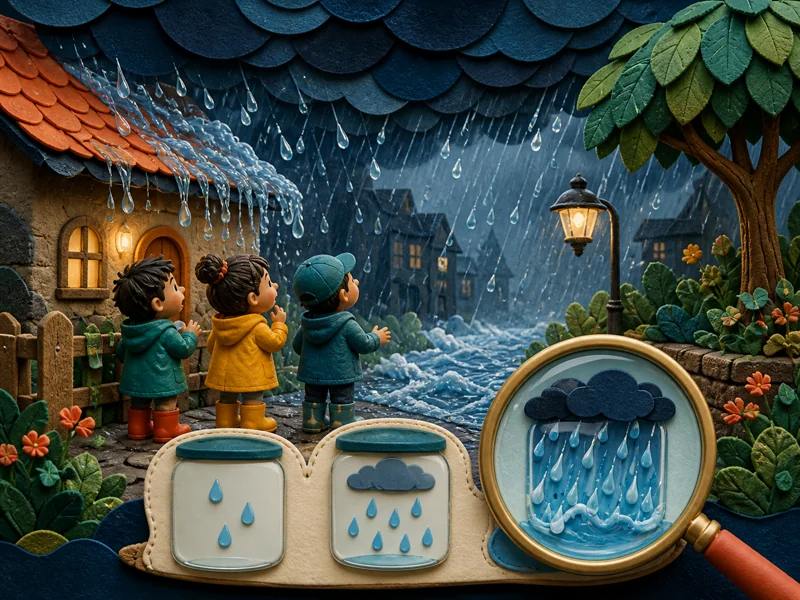 Children comparing light rain with a powerful downpour