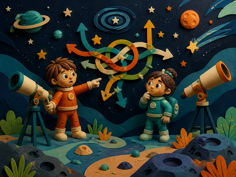 Two space explorers untangling which telescope points the wrong way