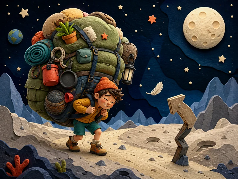 A tired hiker carrying a comically enormous backpack
