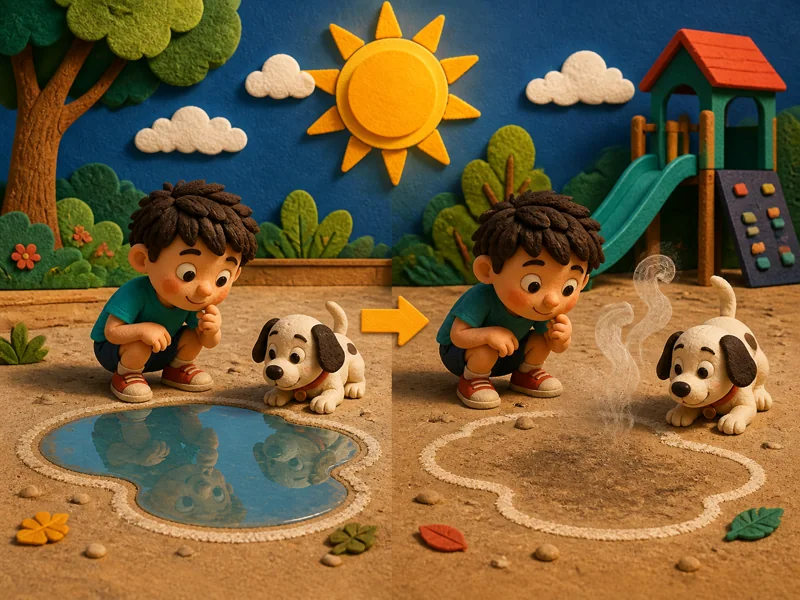 A sunny puddle shrinking inside its chalk outline
